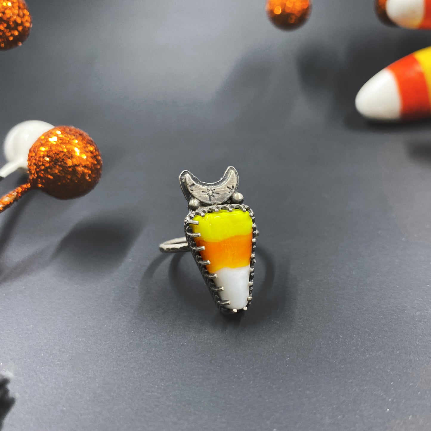 Candy Corn & Moon Ring in Sterling Silver (Size 6.5)