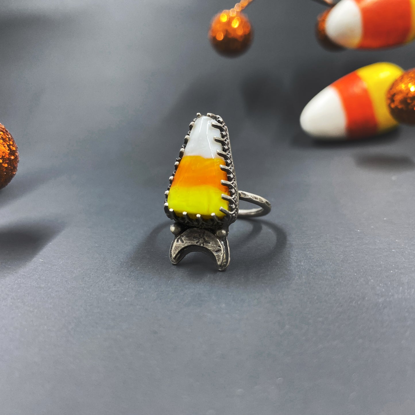 Candy Corn & Moon Ring in Sterling Silver (Size 6.5)