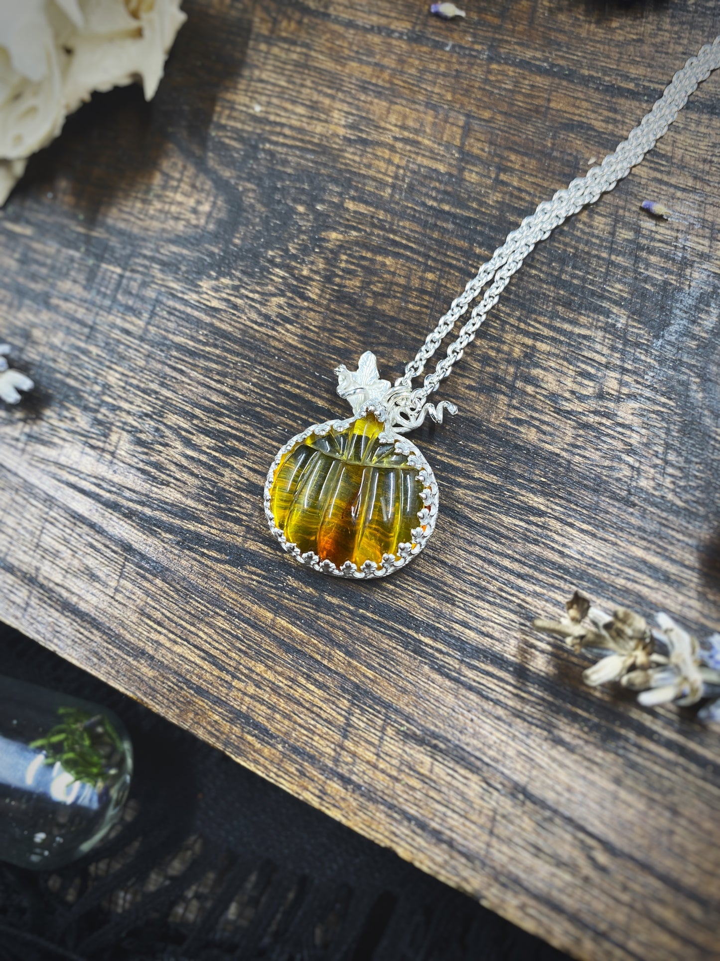 Small Amber Pumpkin Necklace In Sterling Silver