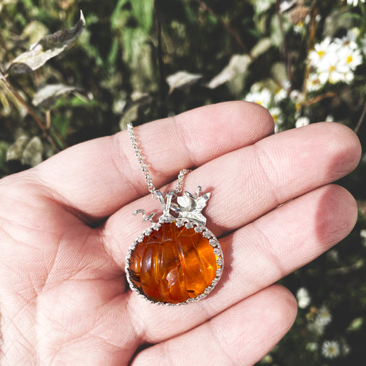 Large Amber Pumpkin Necklace In Sterling Silver