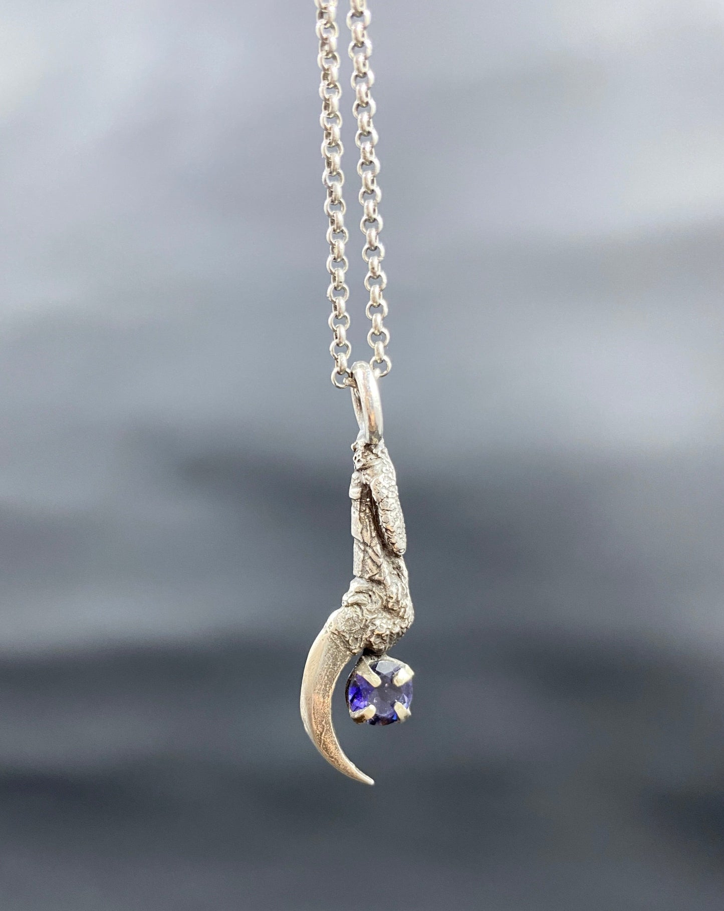 Large Silver Crow Talon Necklace with Iolite