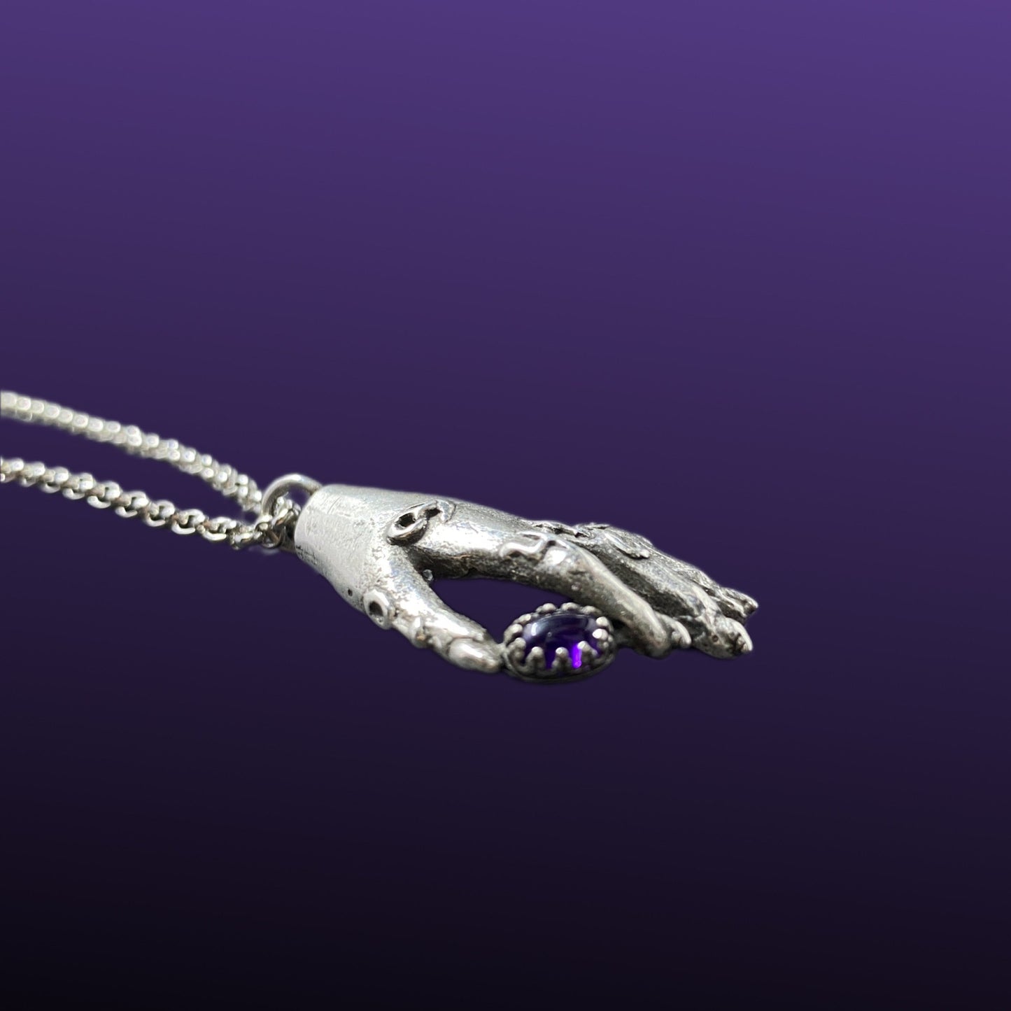 Silver Alchemist's Hand Pendant with Amethyst