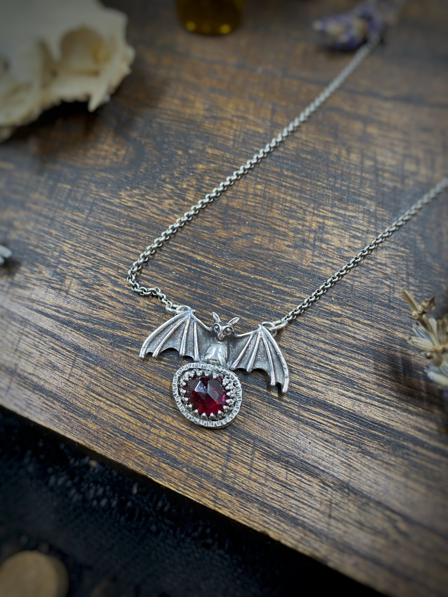 Sterling Silver Bat & Garnet Necklace