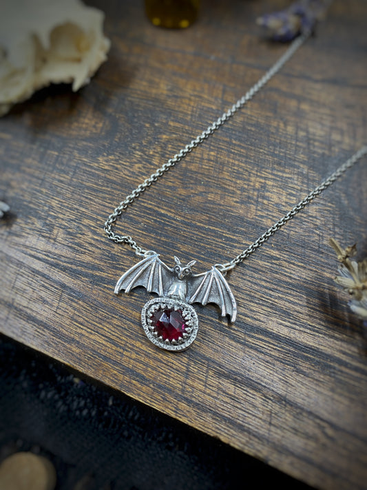 Sterling Silver Bat & Garnet Necklace