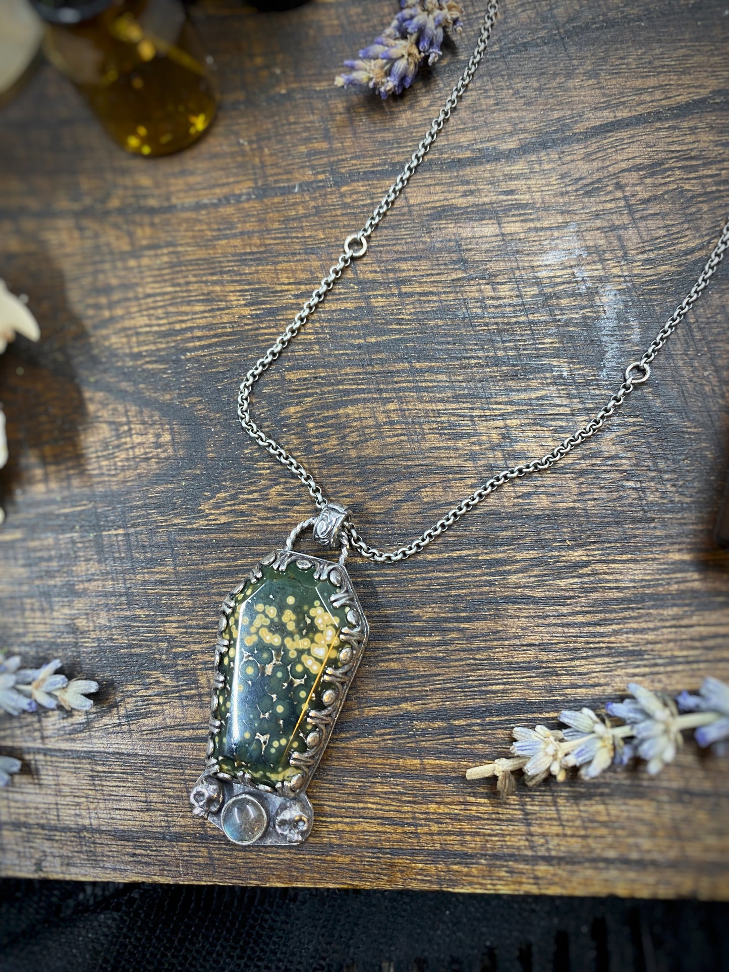 Jasper Coffin Necklace with Labradorite in Sterling Silver