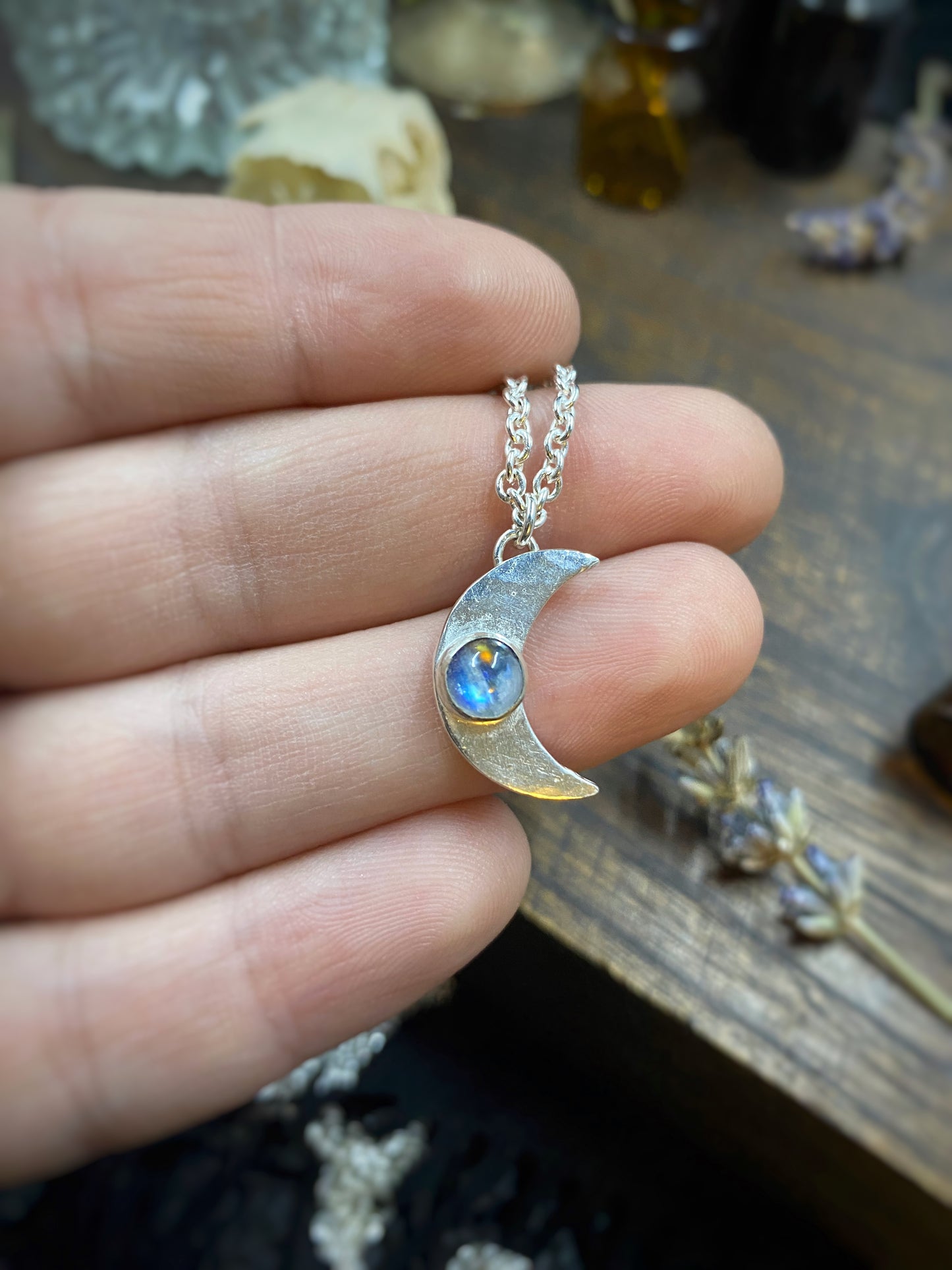 Mini Moon with Rainbow Moonstone in Sterling Silver