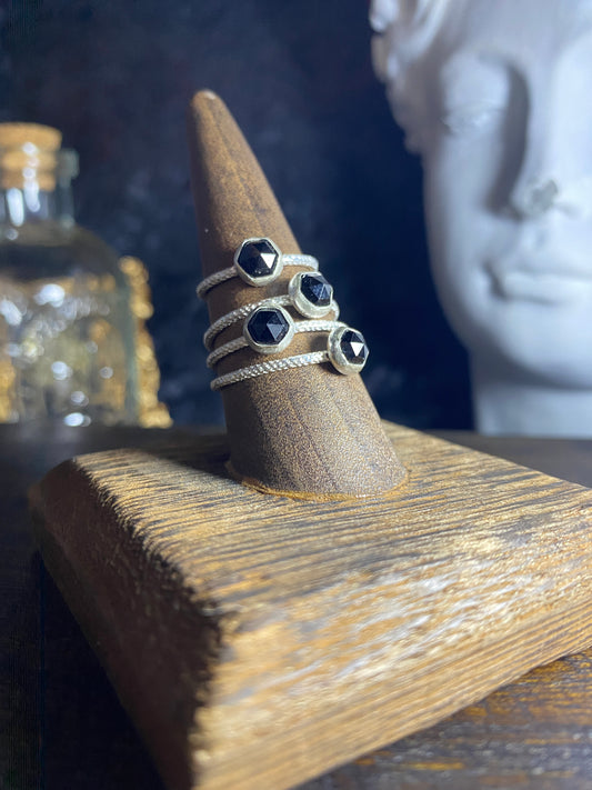 Mini Black Spinel Stacker Rings in Sterling Silver