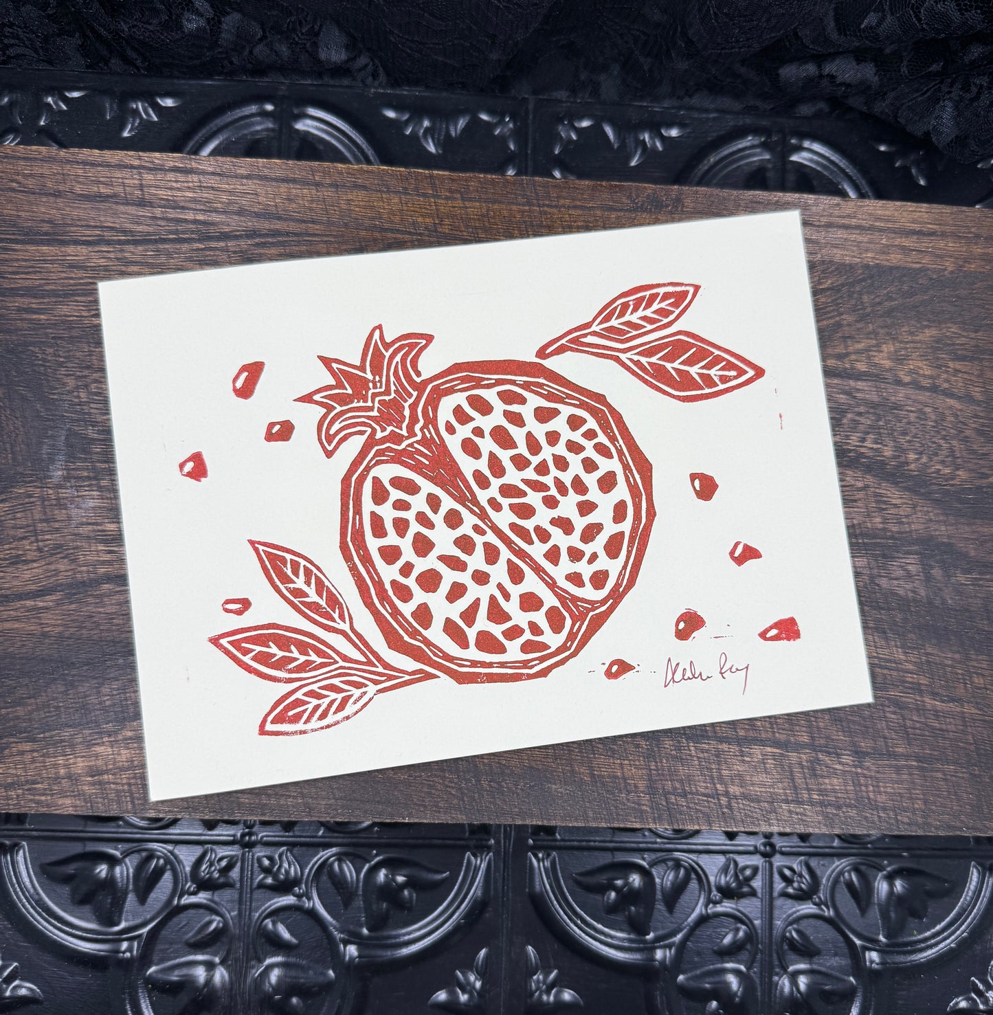 "It is not so dreadful here" Pomegranate Block Print; Red on Cream