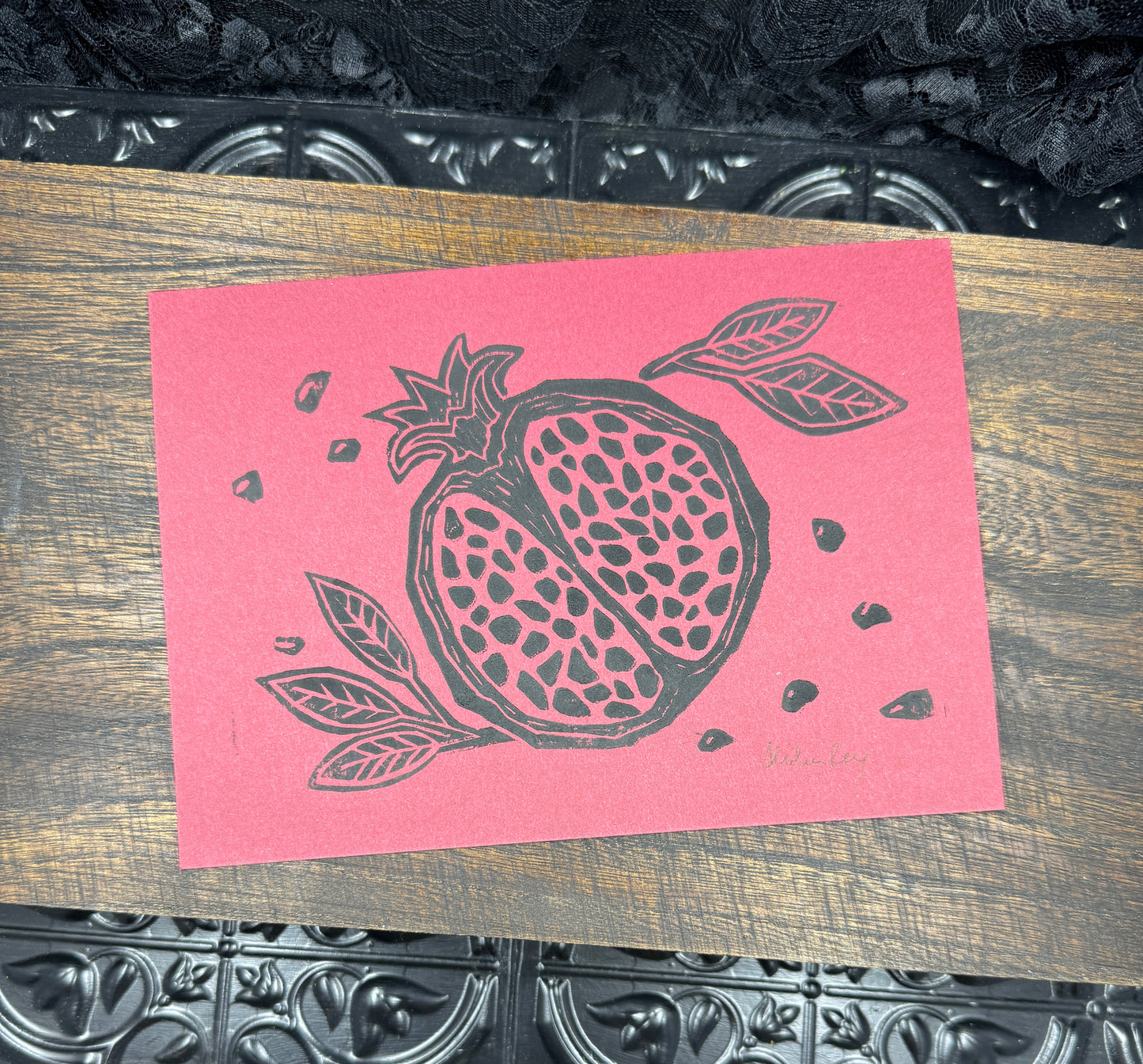 "It is not so dreadful here" Pomegranate Block Print; Black on Red