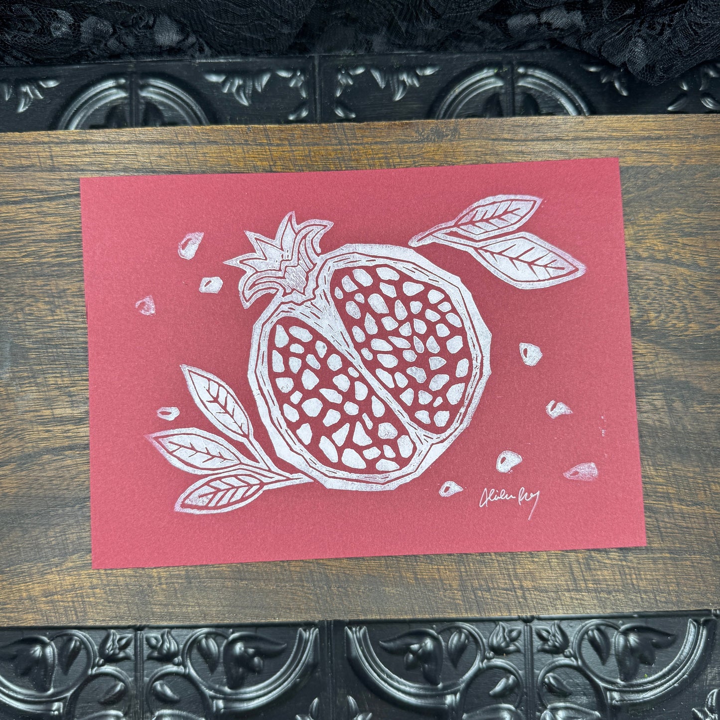 "It is not so dreadful here" Pomegranate Block Print; White on Red