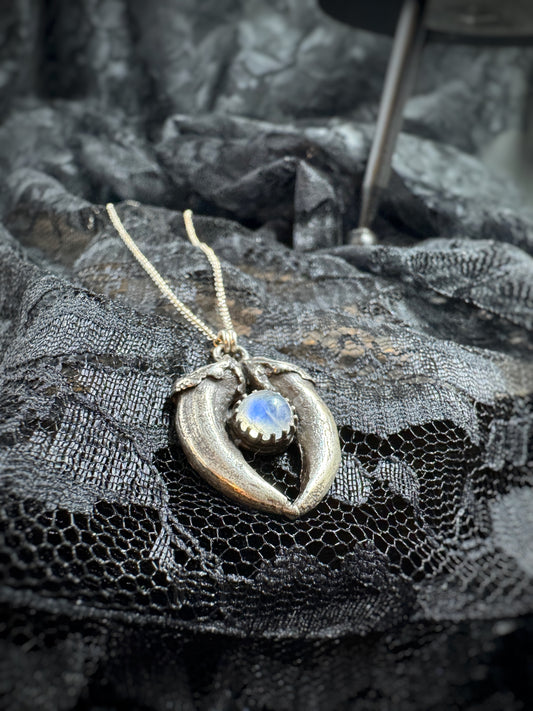 Sterling Silver Coyote Claw and Rainbow Moonstone Necklace