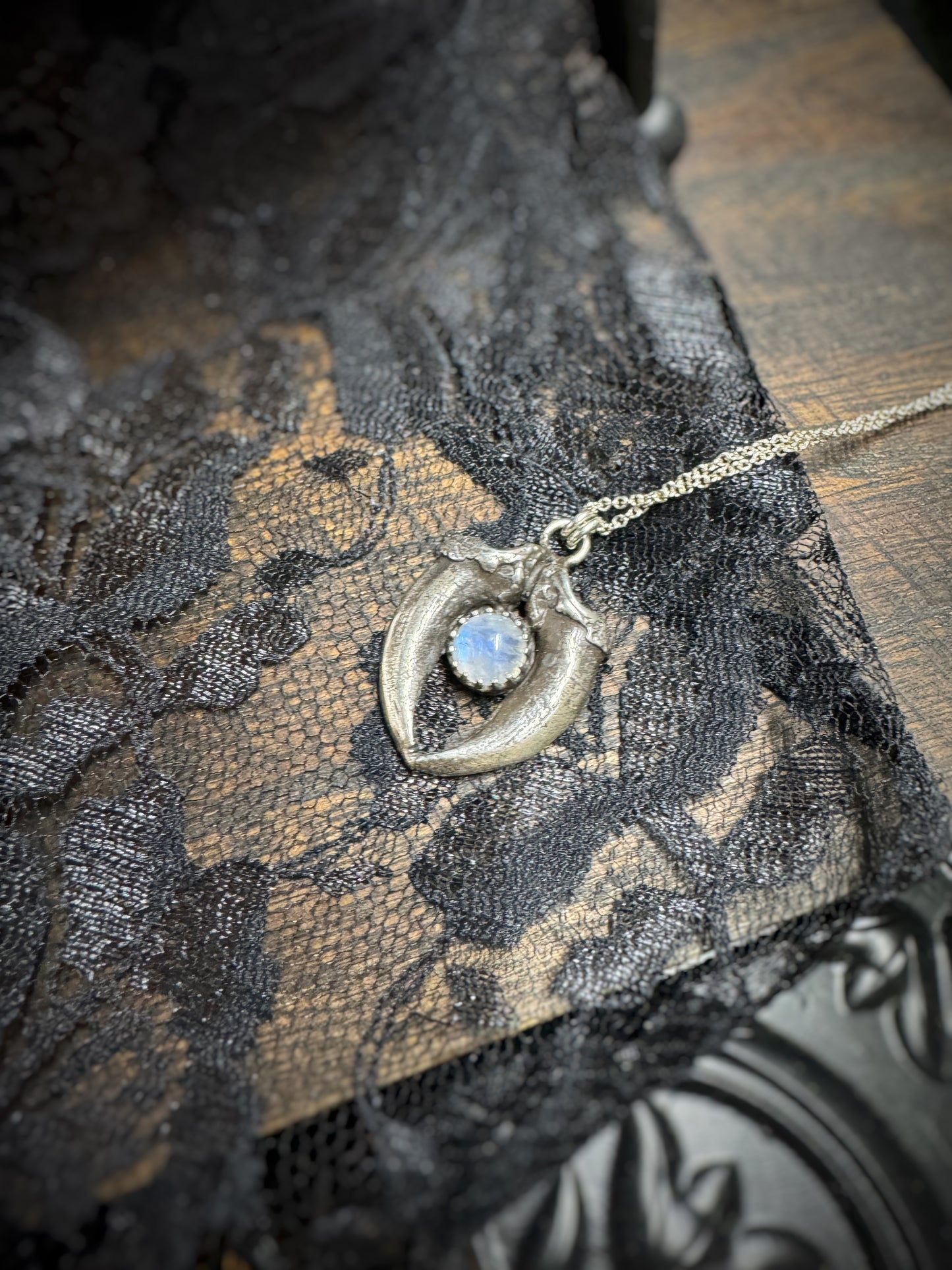 Sterling Silver Coyote Claw and Rainbow Moonstone Necklace