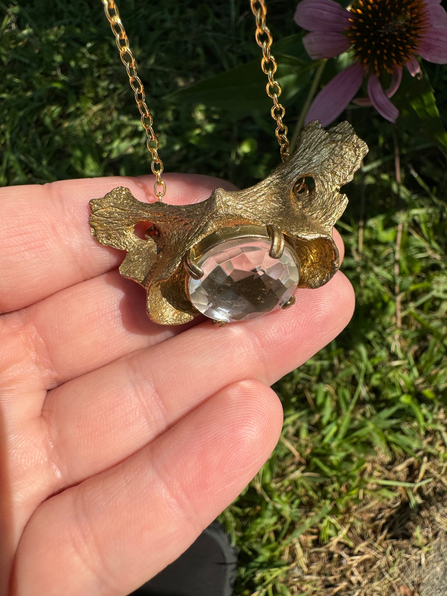 Brass Vertebra and Quartz Scrying Necklace