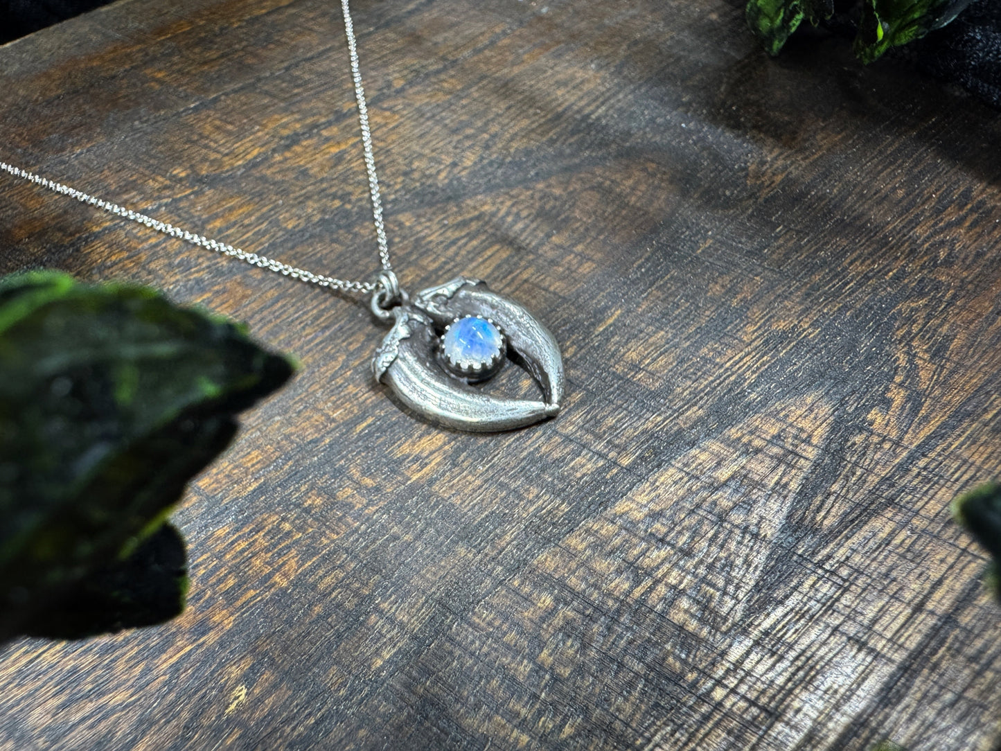 Sterling Silver Coyote Claw and Rainbow Moonstone Necklace