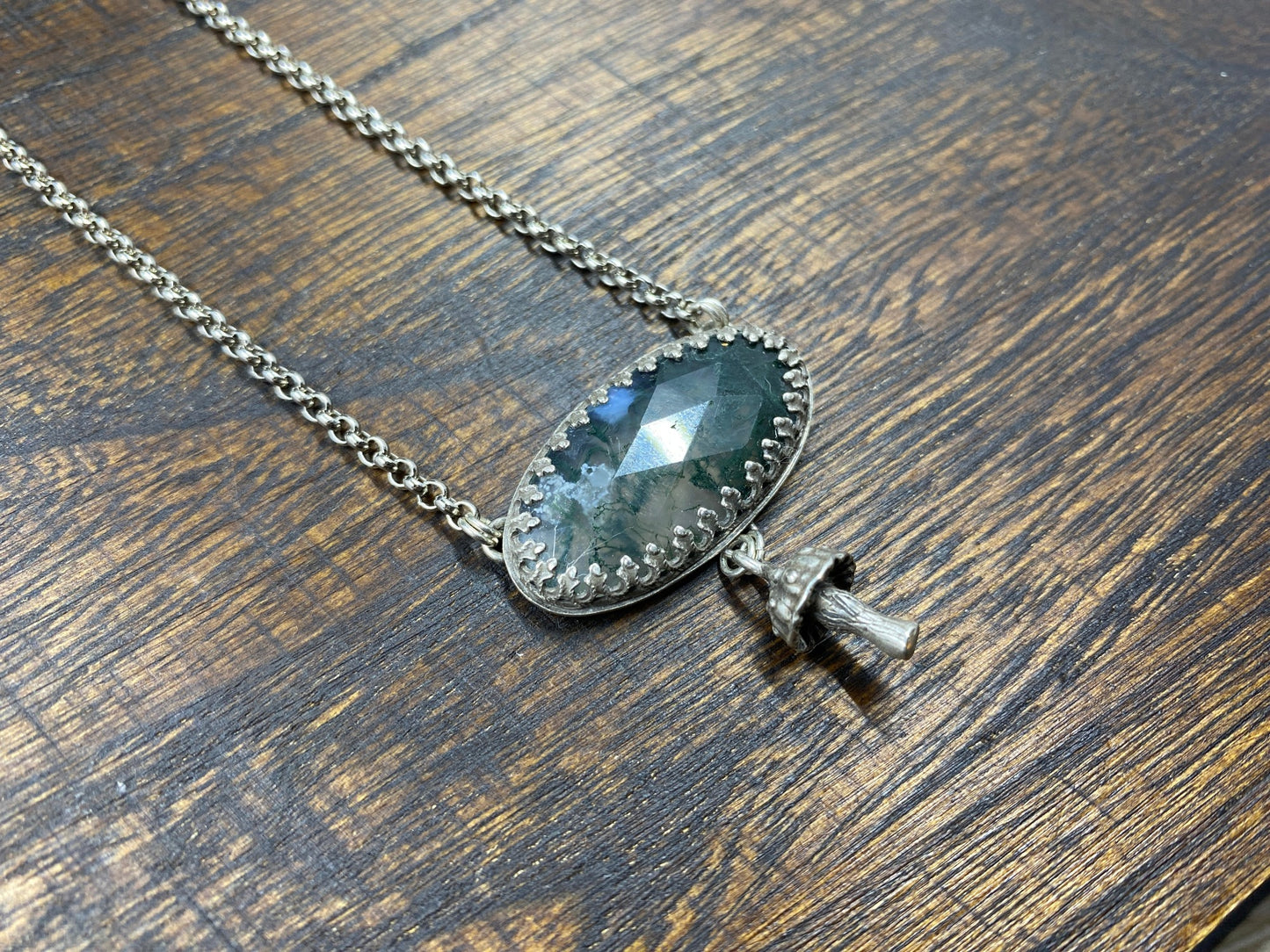 Sterling Silver Moss Agate and Mushroom Charm Necklace