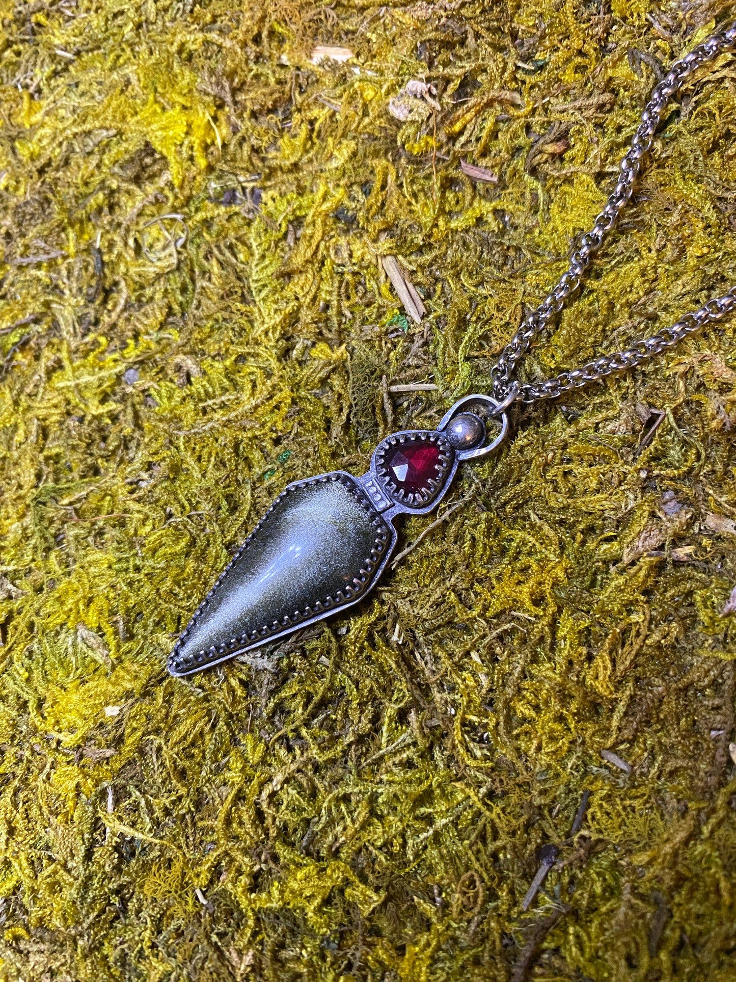 Silver Sheen Obsidian and Garnet Potion Bottle Necklace