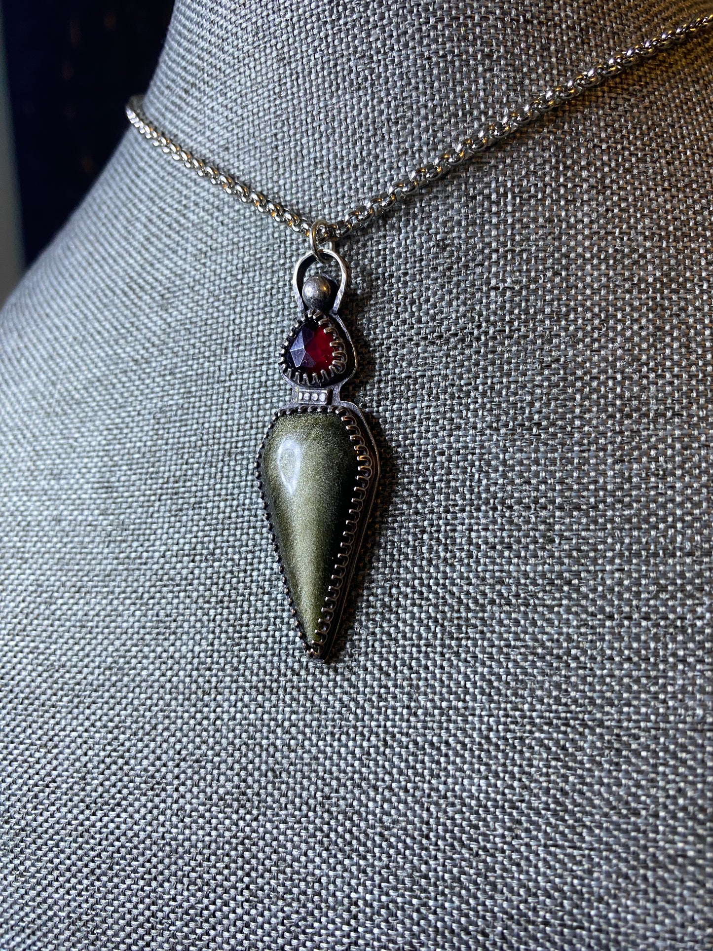 Silver Sheen Obsidian and Garnet Potion Bottle Necklace