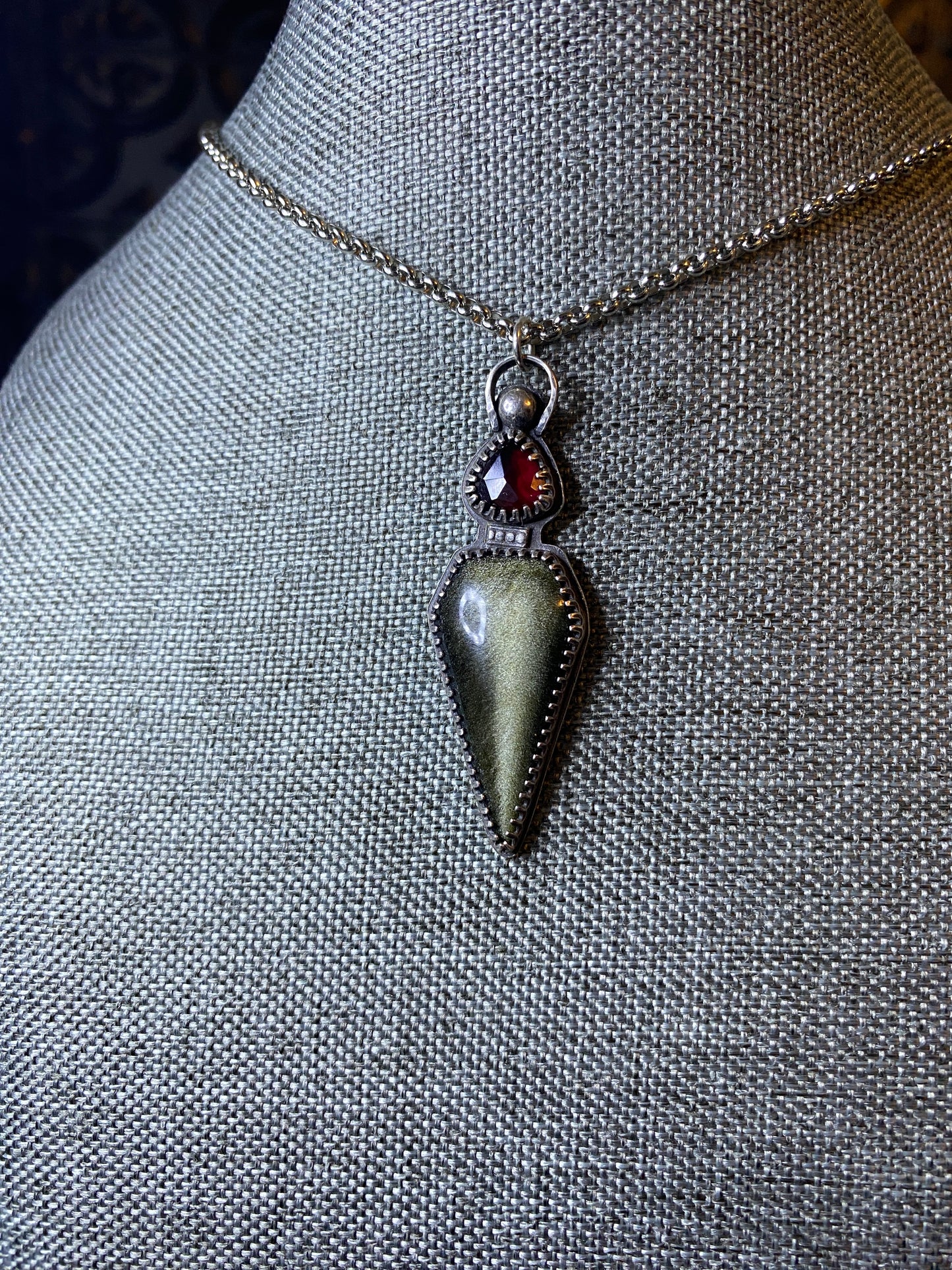 Silver Sheen Obsidian and Garnet Potion Bottle Necklace