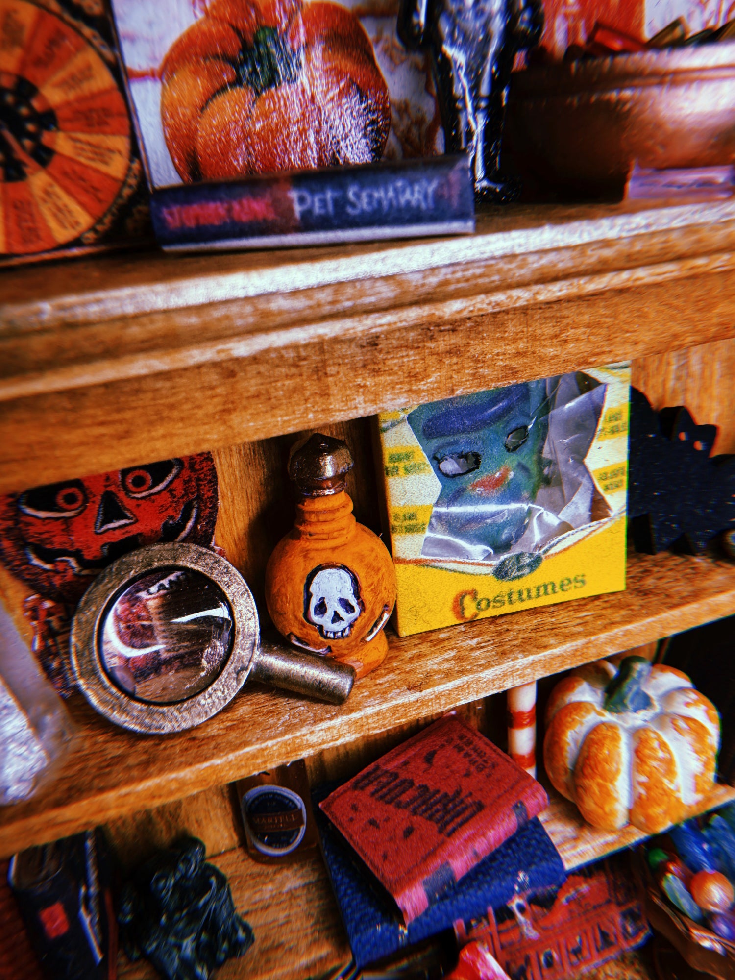 More close ups of the shelves from another angle showing more horror books, potion bottles, pumpkins, board games, a halloween mask, and trinkets.