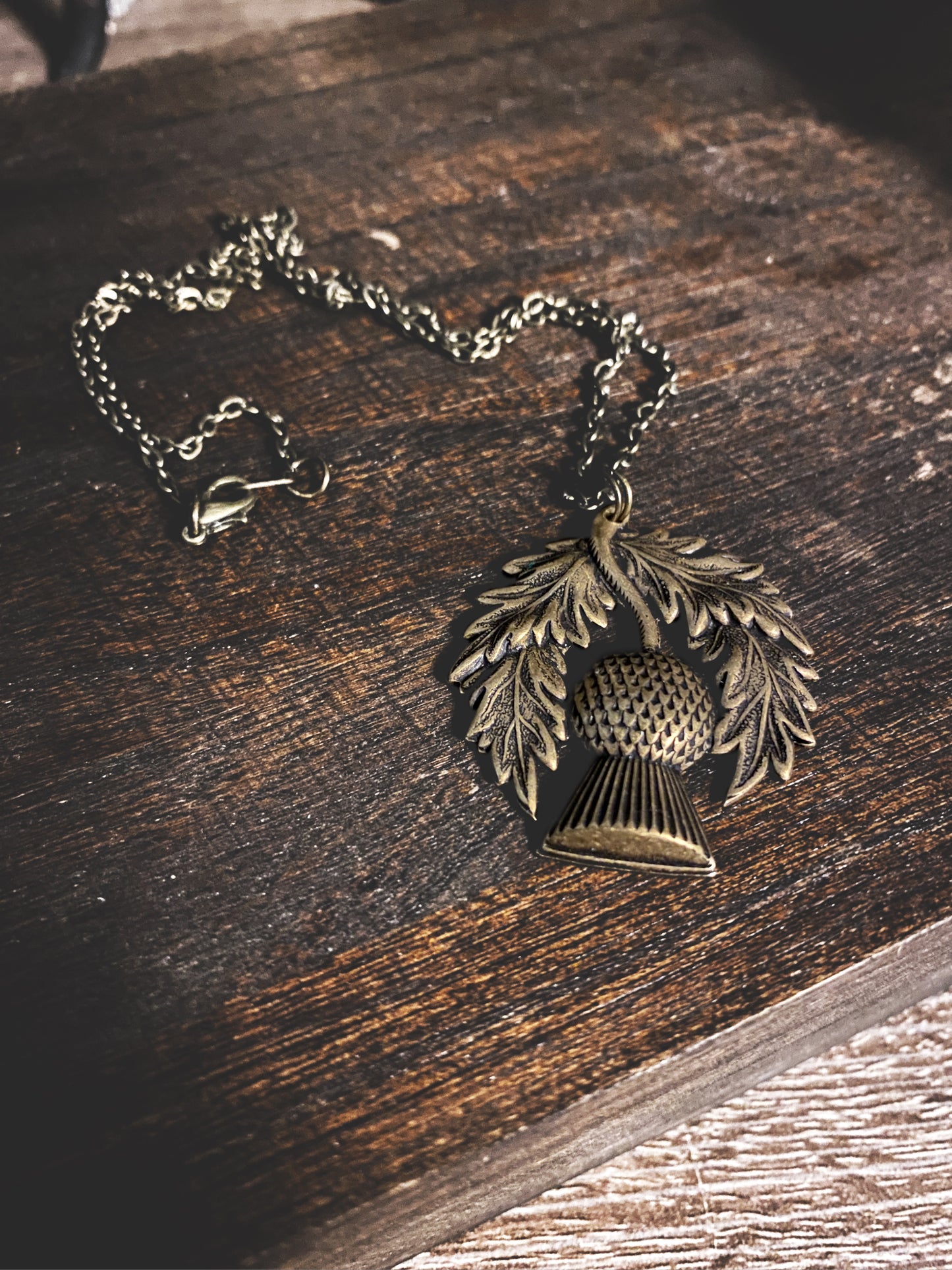 Antiqued Brass Thistle Necklace