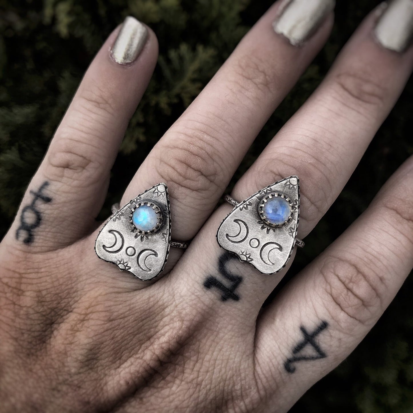 Sterling Silver Mini Planchette Ring with Rainbow Moonstone