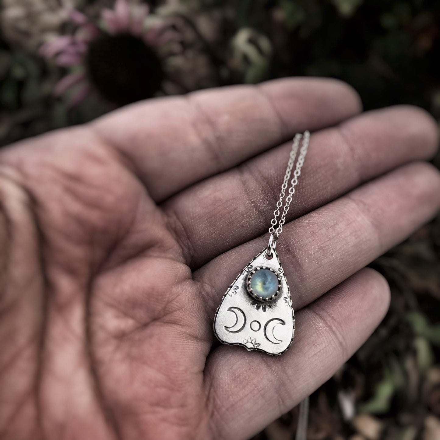 Rainbow Moonstone Sterling Silver Mini Planchette Necklace