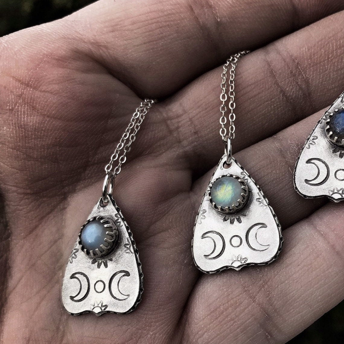 Rainbow Moonstone Sterling Silver Mini Planchette Necklace